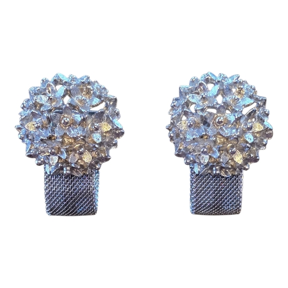 Floral Vintage Cuff Links Silvertone Mesh Metal - Picture 1 of 8